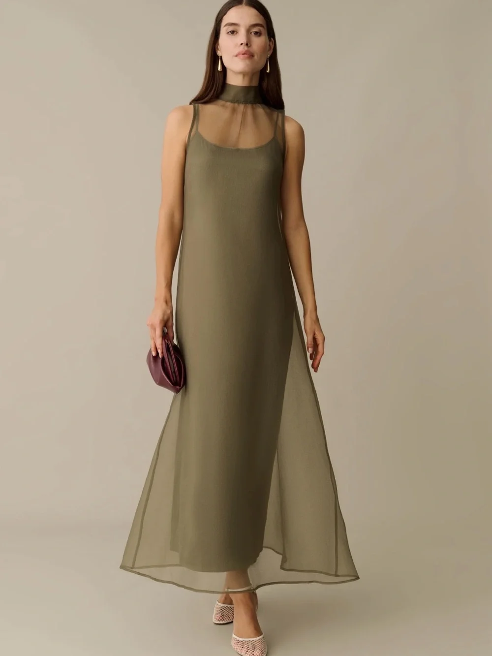 Sleeveless Olive Maxi Dress with Sheer High Neck - Picture 1 of 6